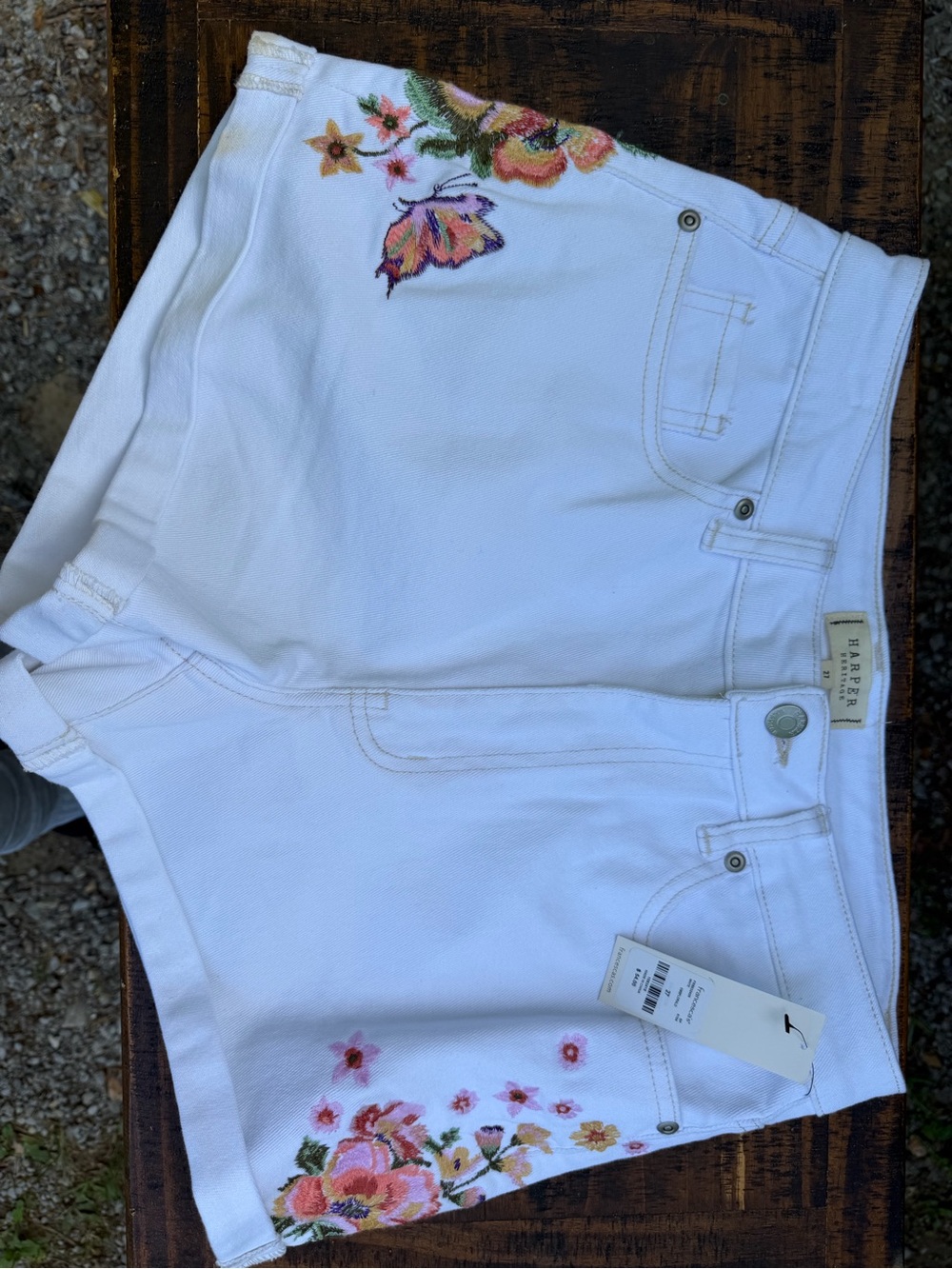 Francesca's Collections White Denim Shorts with Pink & Orange Floral Embroidery